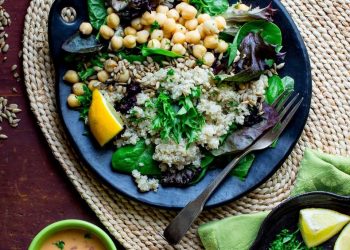 Quinoa Chickpea Salad with Roasted Red Pepper Hummus Dressing