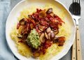 Vegan Pesto Spaghetti Squash with Mushrooms & Sun-Dried Tomatoes