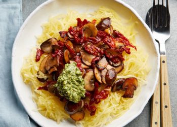 Vegan Pesto Spaghetti Squash with Mushrooms & Sun-Dried Tomatoes
