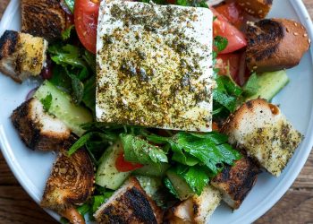 Israeli Salad with Challah Croutons & Feta