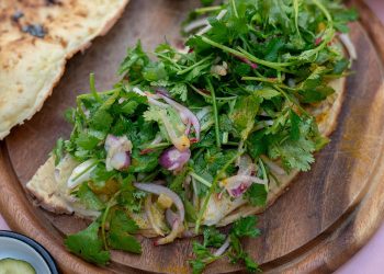 Open-Face Roasted Eggplant & Herb Salad Pita Sandwiches
