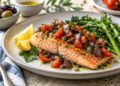 Baked salmon topped with fresh tomato and Kalamata olive relish