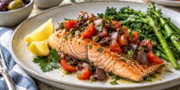 Baked salmon topped with fresh tomato and Kalamata olive relish
