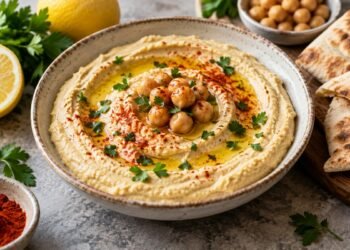 Creamy homemade hummus topped with chickpeas, herbs, paprika and olive oil