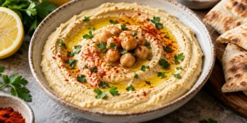 Creamy homemade hummus topped with chickpeas, herbs, paprika and olive oil