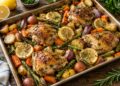 Lemon-herb chicken and vegetables roasted together on a sheet pan