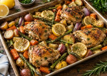 Lemon-herb chicken and vegetables roasted together on a sheet pan