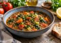 Mediterranean lentil and vegetable soup with tomatoes, carrots and greens