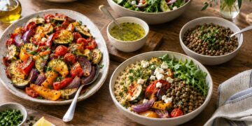 Mediterranean weeknight meal-prep spread with roasted vegetables, grains, lentils and salad
