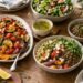 Mediterranean weeknight meal-prep spread with roasted vegetables, grains, lentils and salad