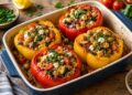 Vegetarian stuffed peppers filled with grains, chickpeas and vegetables