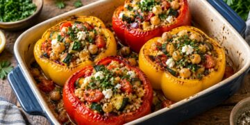 Vegetarian stuffed peppers filled with grains, chickpeas and vegetables