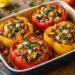 Vegetarian stuffed peppers filled with grains, chickpeas and vegetables